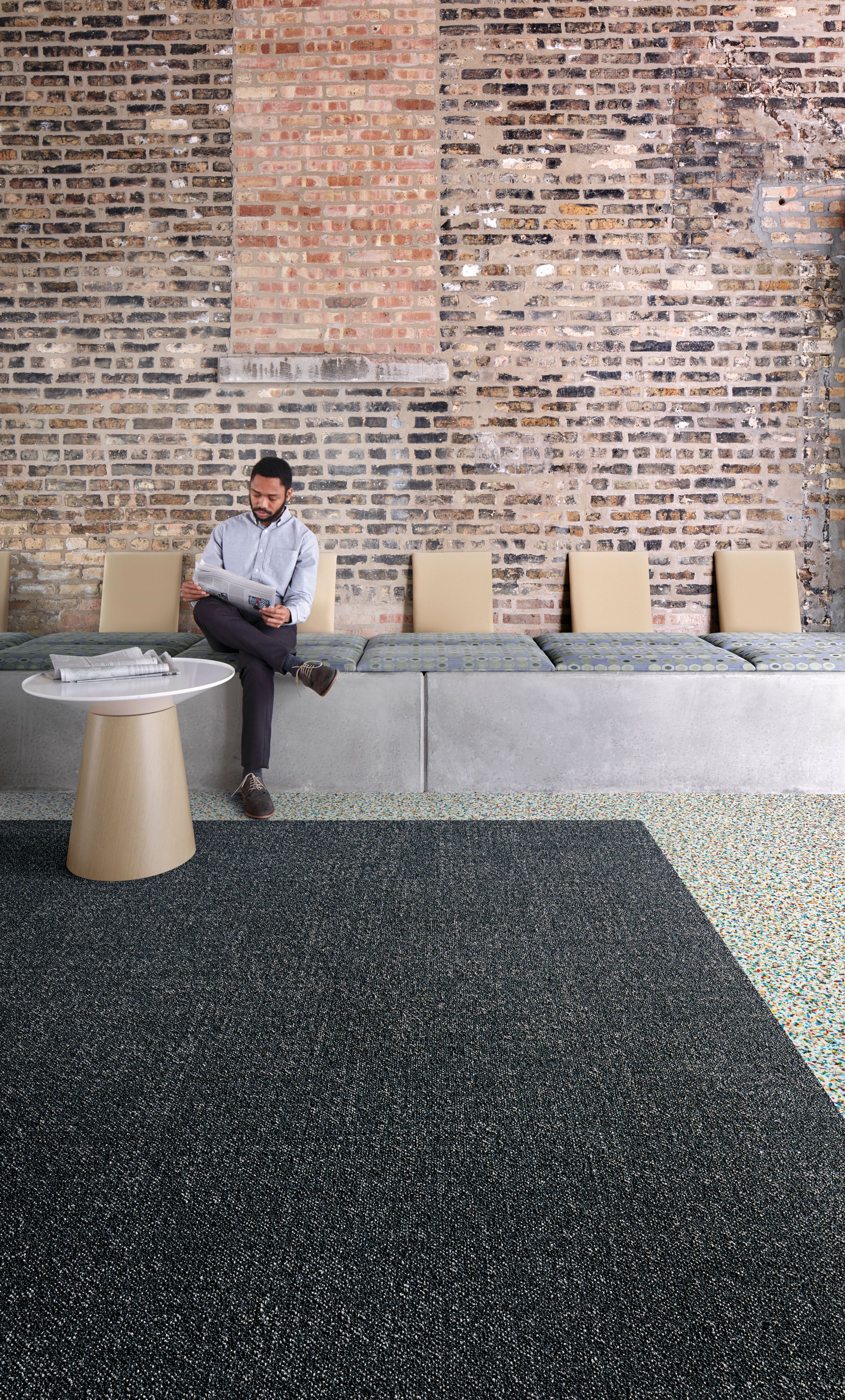 Interface Step it Up and Walk on By carpet tile in sitting area with bench and table  image number 1